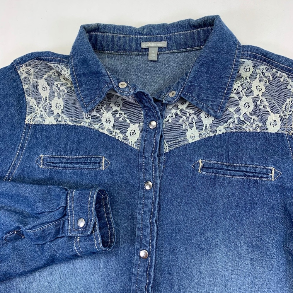 Charlotte Russe Denim Shirt Size Small W Long Sleeve‎ Western Lace Button Snap